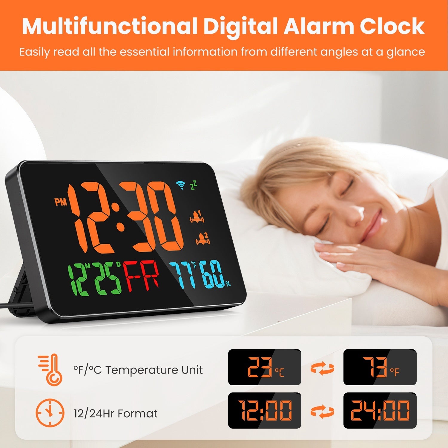 WiFi Auto Set Alarm Clock LED Digital Clock With 2 Alarm Setting Snooze 4 Brightness Levels Auto Light Sensing Temperature Humidify Monitor App Control - Mountain Lakes Mall