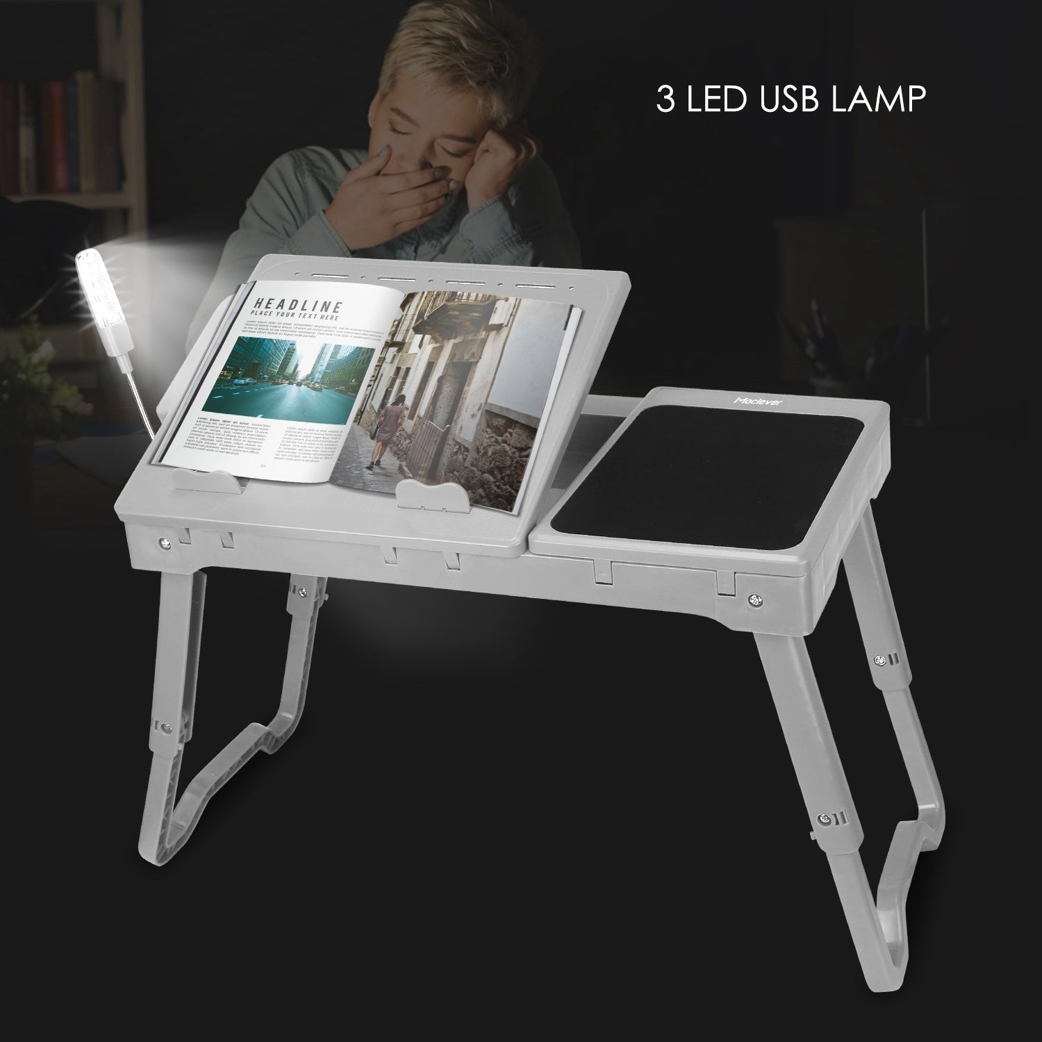 Foldable Laptop Table Bed Notebook Desk with Cooling Fan Mouse Board LED light 4 xUSB Ports Breakfast Snacking Tray - Mountain Lakes Mall