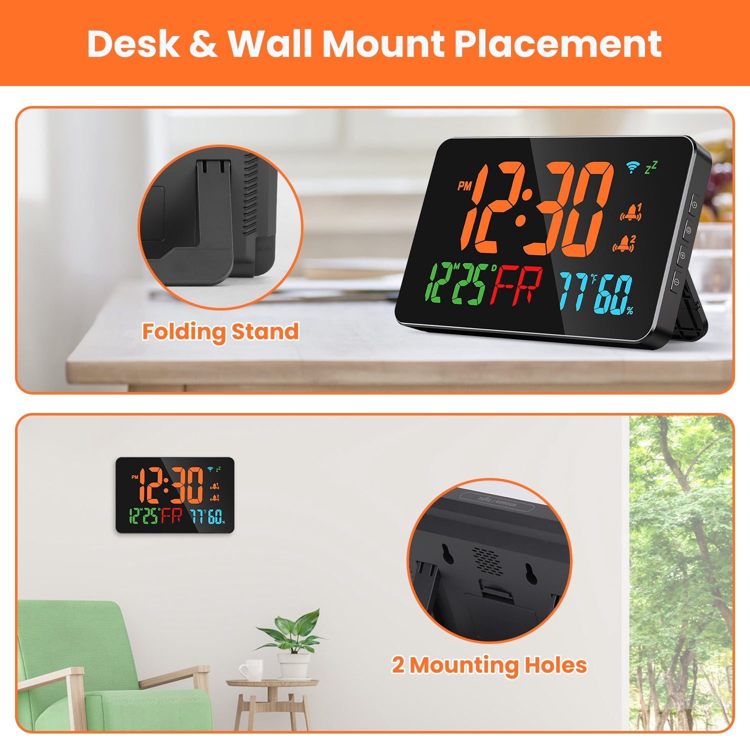 WiFi Auto Set Alarm Clock LED Digital Clock With 2 Alarm Setting Snooze 4 Brightness Levels Auto Light Sensing Temperature Humidify Monitor App Control - Mountain Lakes Mall