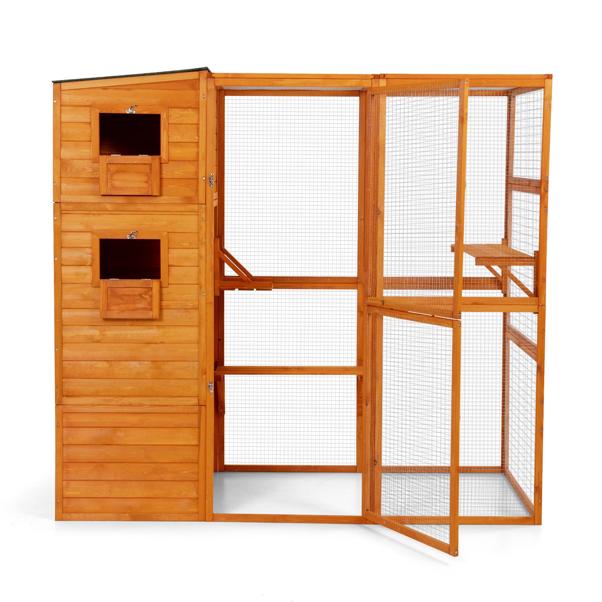 Large Wooden Cat Enclosure with Waterproof Roof and Platforms, Orange - Mountain Lakes Mall