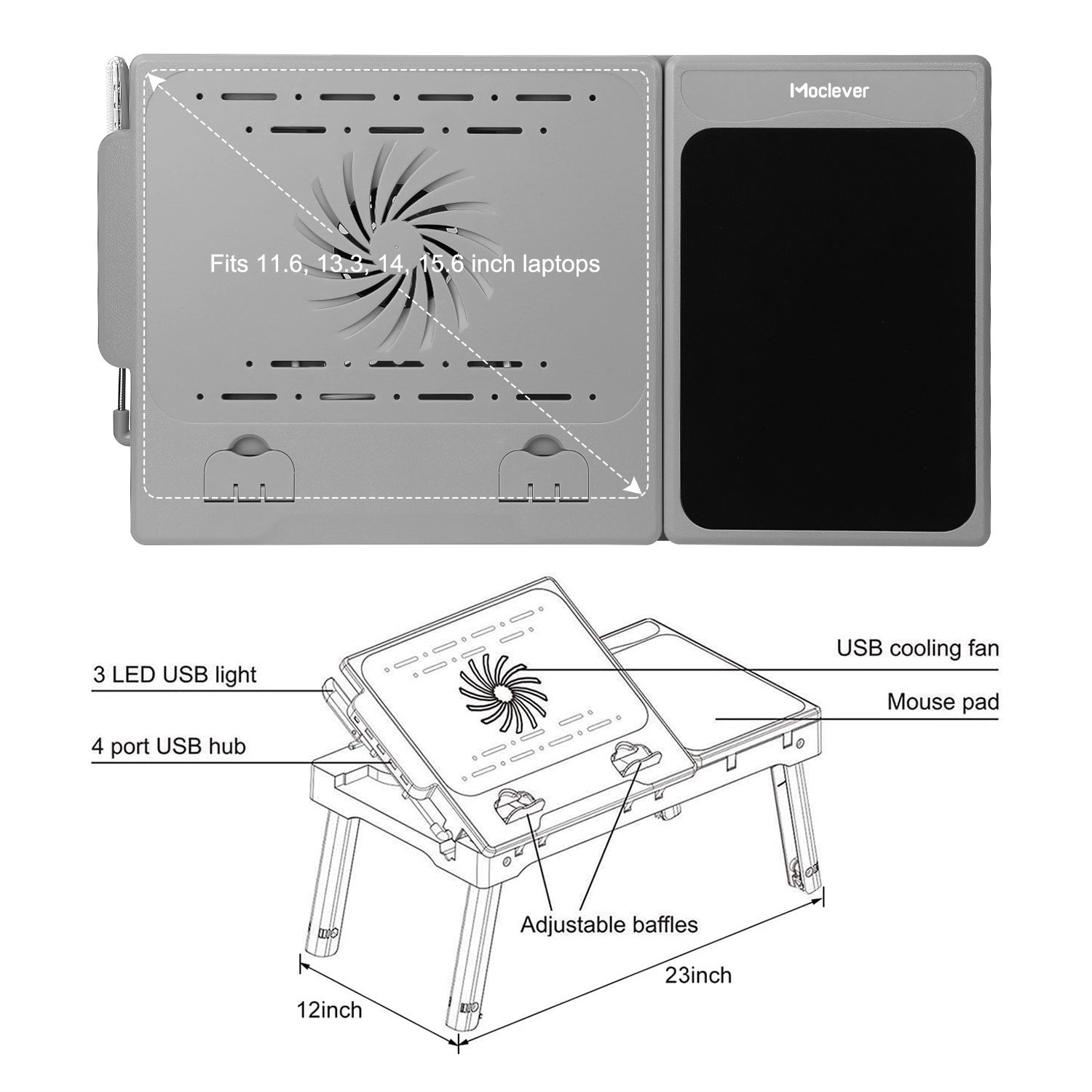 Foldable Laptop Table Bed Notebook Desk with Cooling Fan Mouse Board LED light 4 xUSB Ports Breakfast Snacking Tray - Mountain Lakes Mall