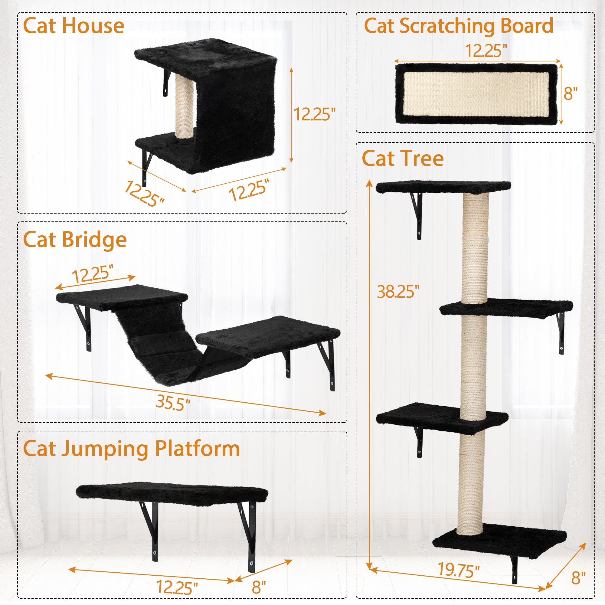 5 Pcs Wall Mounted Cat Climber Set;  Floating Cat Shelves and Perches;  Cat Activity Tree with Scratching Posts;  Modern Cat Furniture - Mountain Lakes Mall