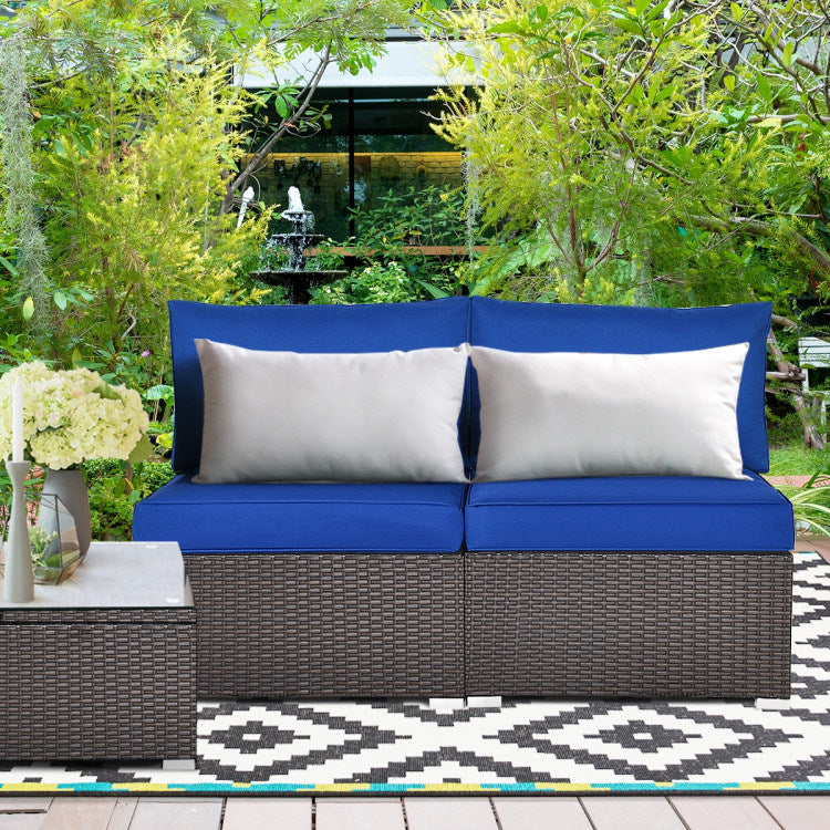 2 Pieces Patio Rattan Armless Sofa Set with 2 Cushions and 2 Pillows - Mountain Lakes Mall