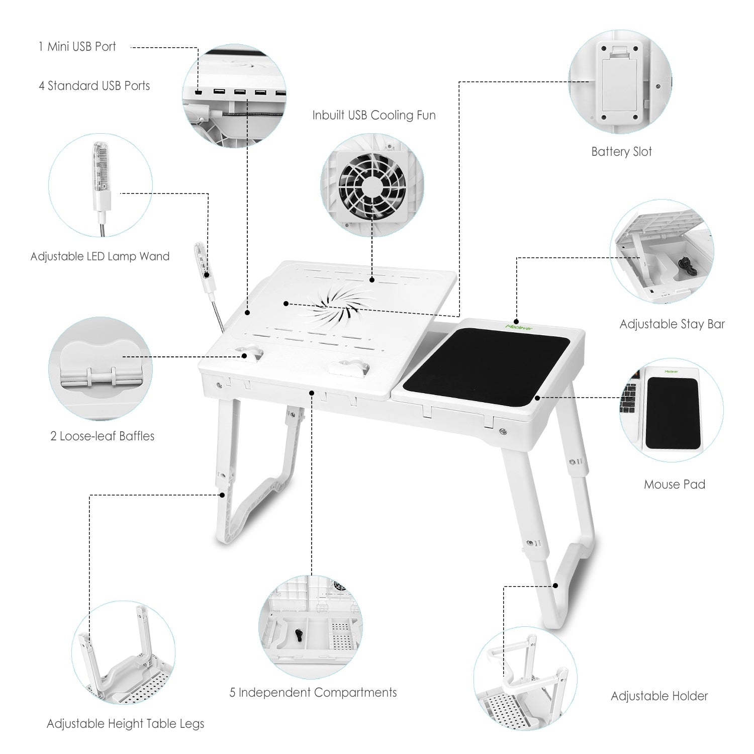 Foldable Laptop Table Bed Notebook Desk with Cooling Fan Mouse Board LED light 4 xUSB Ports Breakfast Snacking Tray - Mountain Lakes Mall