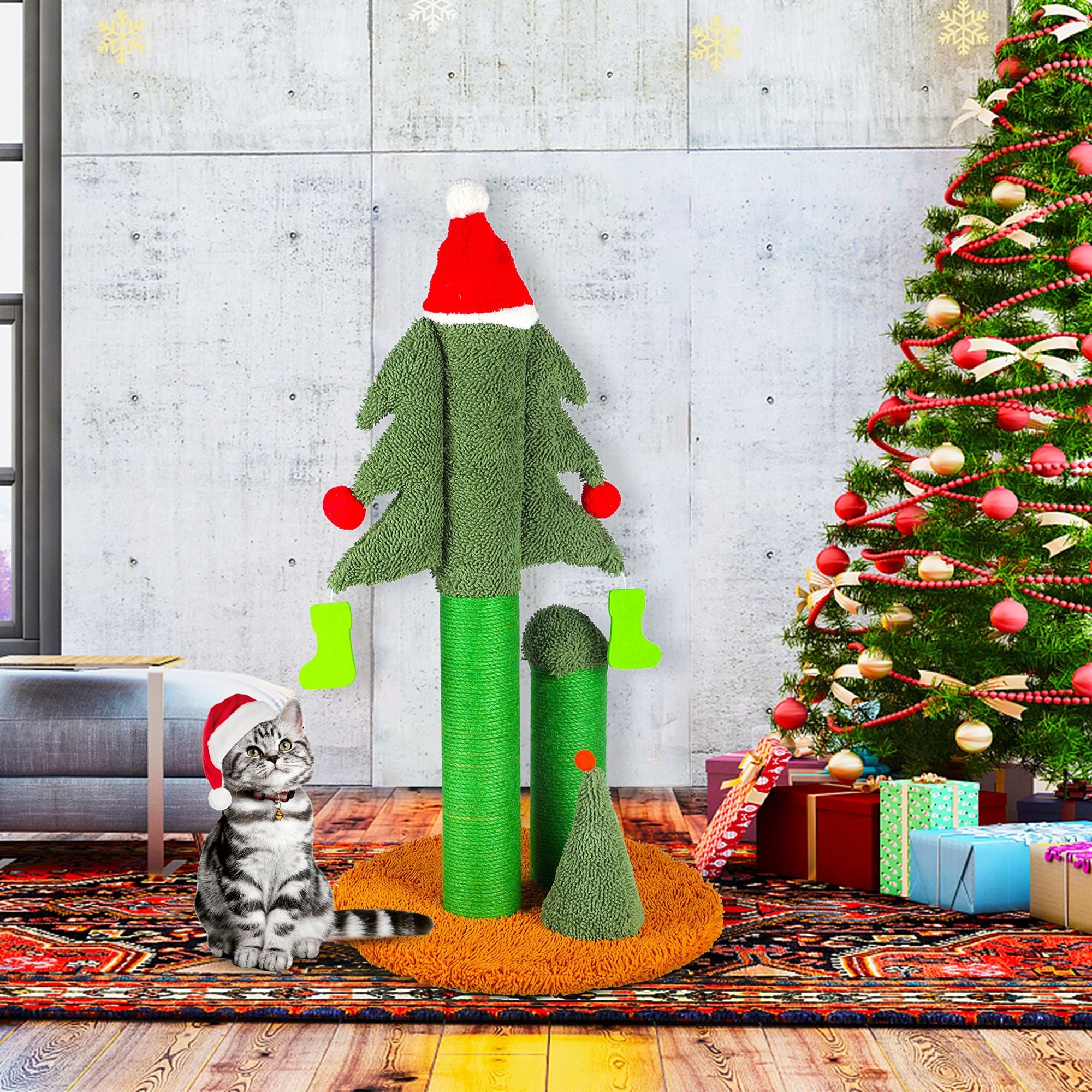 32'' Cat Scratching Post, Tall Christmas Tree Cat Scratcher with 3 Posts and Cute Dangling Teaser Balls, Natural Sisal Rope Cat Toys for Kitty and Adult Cats - Mountain Lakes Mall