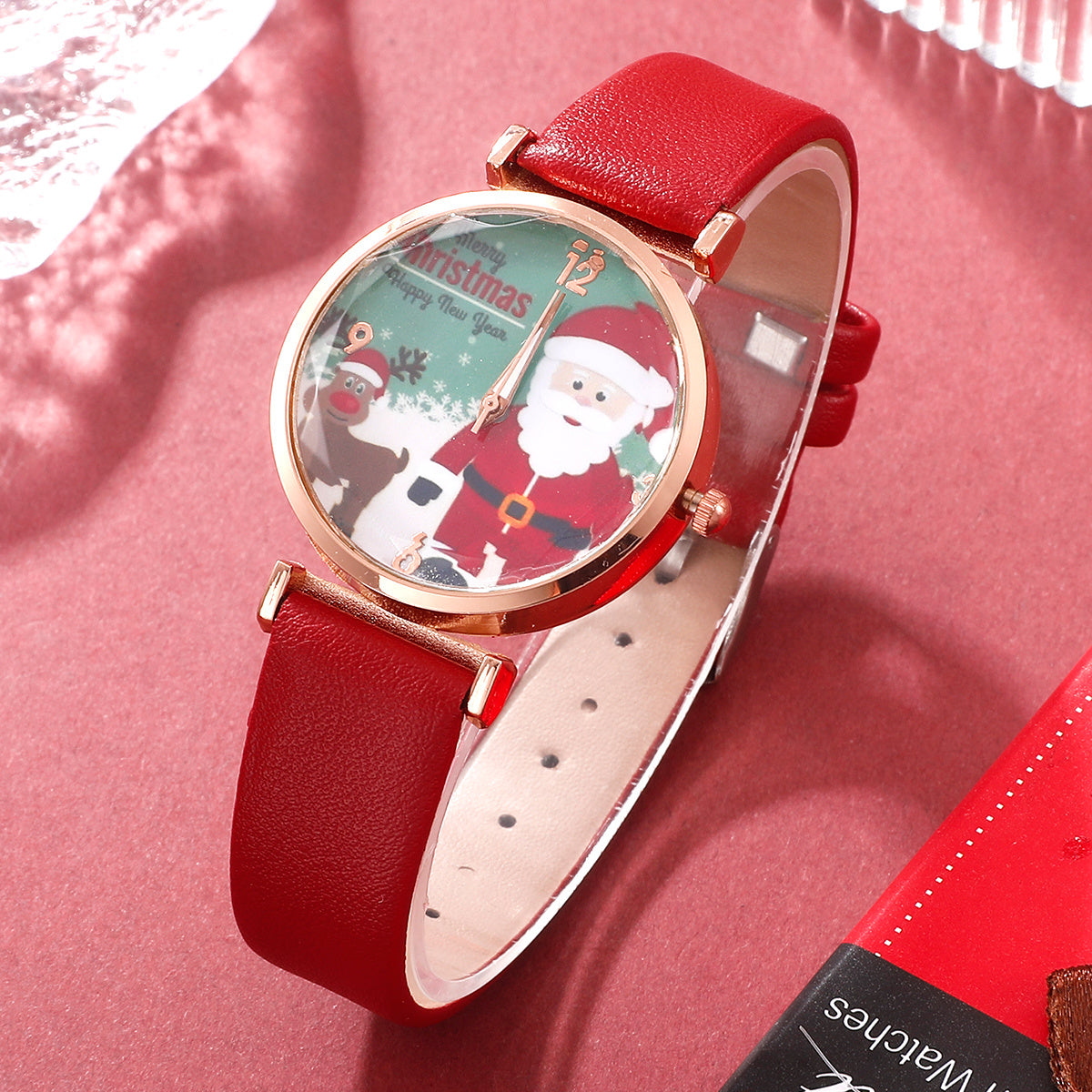 2pcs Christmas Santa Dial Women's Fashion Watch Bracelet Watches Set Ladies Leather Band Quartz Wristwatch(No Box) - Mountain Lakes Mall