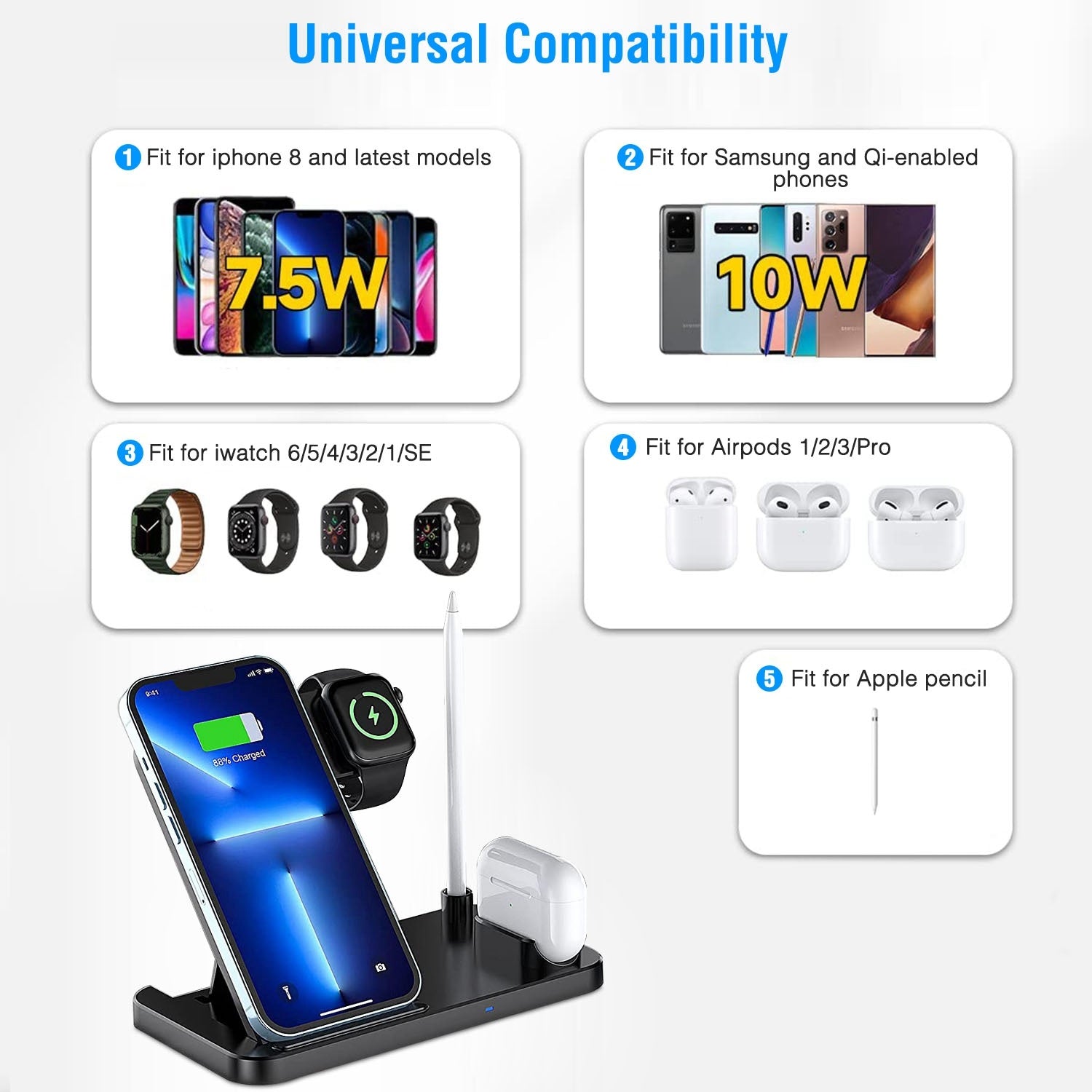 4 In 1 Wireless Charger Foldable Fast Charging Station Stand Dock Fit for iWatch Apple Pencil Airpod 1/2/3/Pro iPhone 13 12 11 Pro Samsung S22 S21 Qi-enabled Android Phone - Mountain Lakes Mall