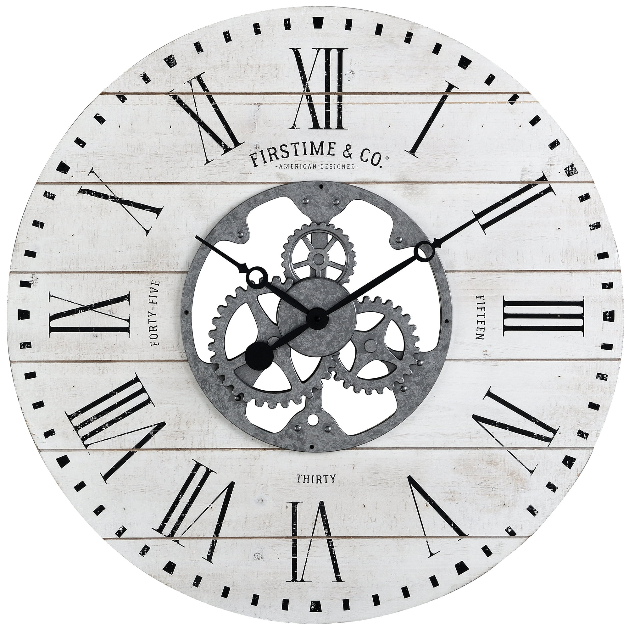 FirsTime & Co. White Shiplap Gears Wall Clock, Farmhouse, Analog, 27 x 2 x 27 in - Mountain Lakes Mall