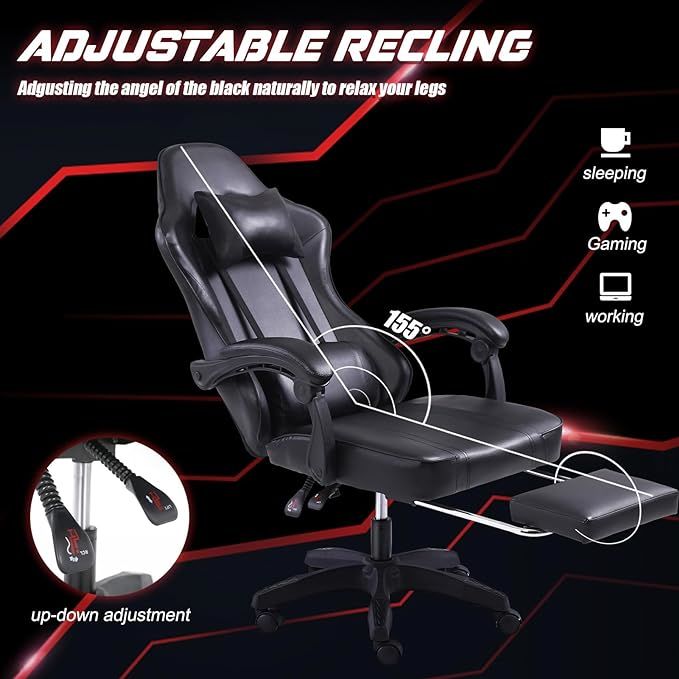 Video Game Chairs for Adults, PU Leather Gaming Chair with Footrest, 360°Swivel Adjustable Lumbar Pillow Gamer Chair, Comfortable Computer Chair for Heavy People - Mountain Lakes Mall