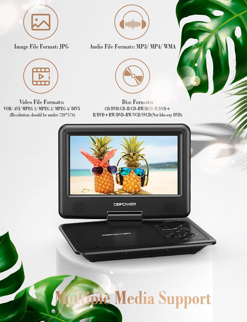 DBPOWER 11.5" Portable DVD Player, 5-Hour Built-in Rechargeable Battery, 9" Swivel Screen, Support CD/DVD/SD Card/USB, Remote Control, 1.8 Meter Car Charger, Power Adaptor and Car Headrest - Mountain Lakes Mall