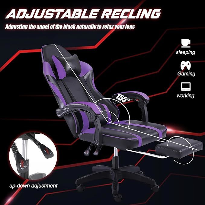 Video Game Chairs for Adults, PU Leather Gaming Chair with Footrest, 360°Swivel Adjustable Lumbar Pillow Gamer Chair, Comfortable Computer Chair for Heavy People - Mountain Lakes Mall