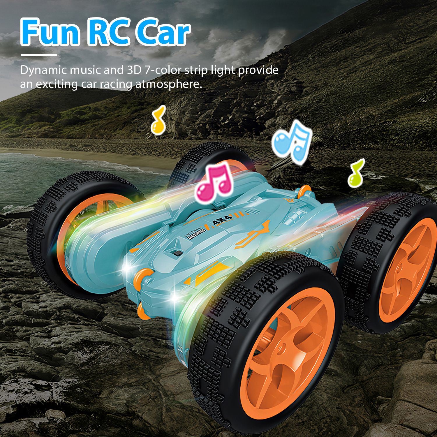 Kid Driving RC Stunt Car 7 Color Strip Light Dynamic Music Swing Arm Double-sided Rolling Remote Control Car Off Road - Mountain Lakes Mall