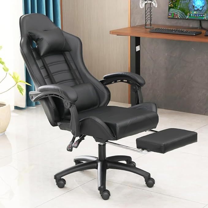 Ergonomic Gaming Chair for Adults, Comfortable Computer Chair for Heavy People, Adjustable Height Office Desk Chair with Wheels, Breathable Leather Video Game Chairs - Mountain Lakes Mall