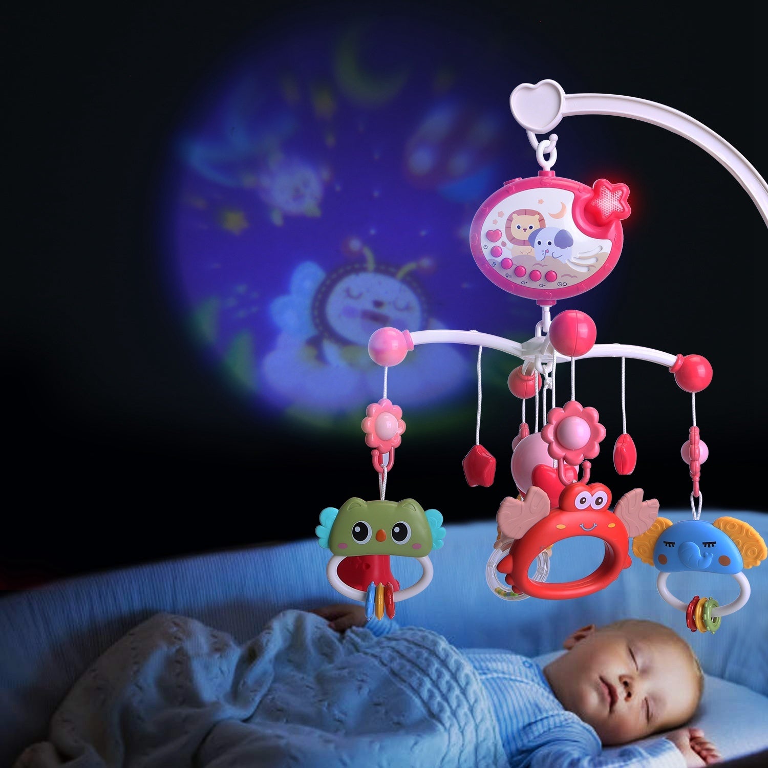 Baby Musical Crib Bed Bell Rotating Mobile Star Projection Nursery Light Baby Rattle Toy with Music Box Remote Control - Mountain Lakes Mall