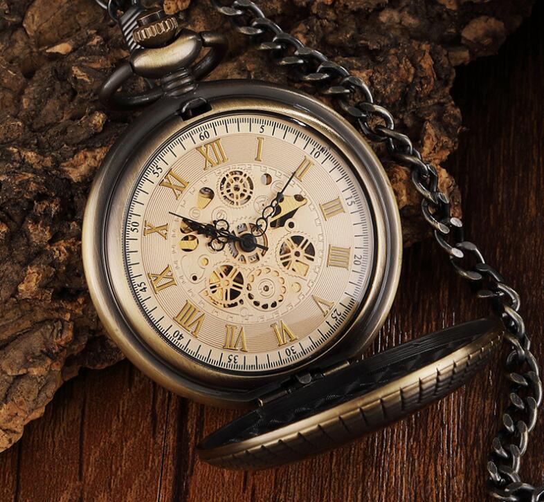 Large Flip Mechanical Pocket Watch Roman Carved Hollow Classic Mechanical Watch Pocket Watch - Mountain Lakes Mall