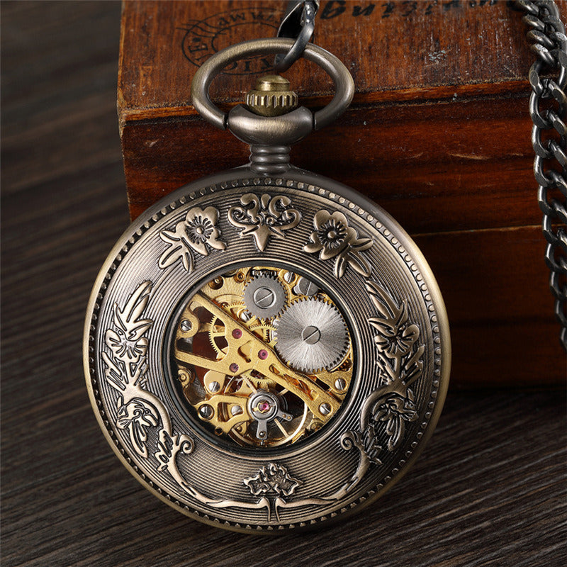 Large Flip Mechanical Pocket Watch Roman Carved Hollow Classic Mechanical Watch Pocket Watch - Mountain Lakes Mall