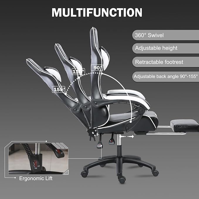 Ergonomic Gaming Chair for Adults, Comfortable Computer Chair for Heavy People, Adjustable Height Office Desk Chair with Wheels, Breathable Leather Video Game Chairs - Mountain Lakes Mall