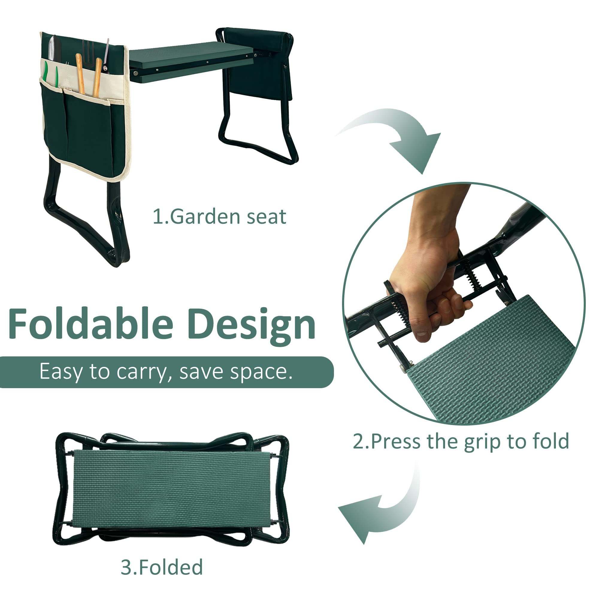 Foldable Garden Kneeler and Seat Gardening Bench with Two Tool Pouches and 6"/8" Widen Soft Kneeling Pad - Mountain Lakes Mall