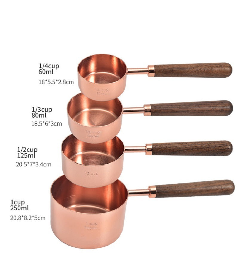 Rose Gold Measuring Cups and Spoons Set, Copper Pink Stainless Steel Cup and Spoon with Wooden Handle, Coffee Cake Milk Baking Measuring Cup - Mountain Lakes Mall