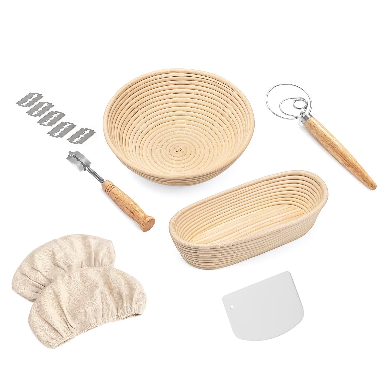 Complete Bread Baking Kit Banneton Proofing Basket Set 9In Round And 10In Oval Basket With Linen Liner Lame Dough Scraper Blender Whisk - Mountain Lakes Mall