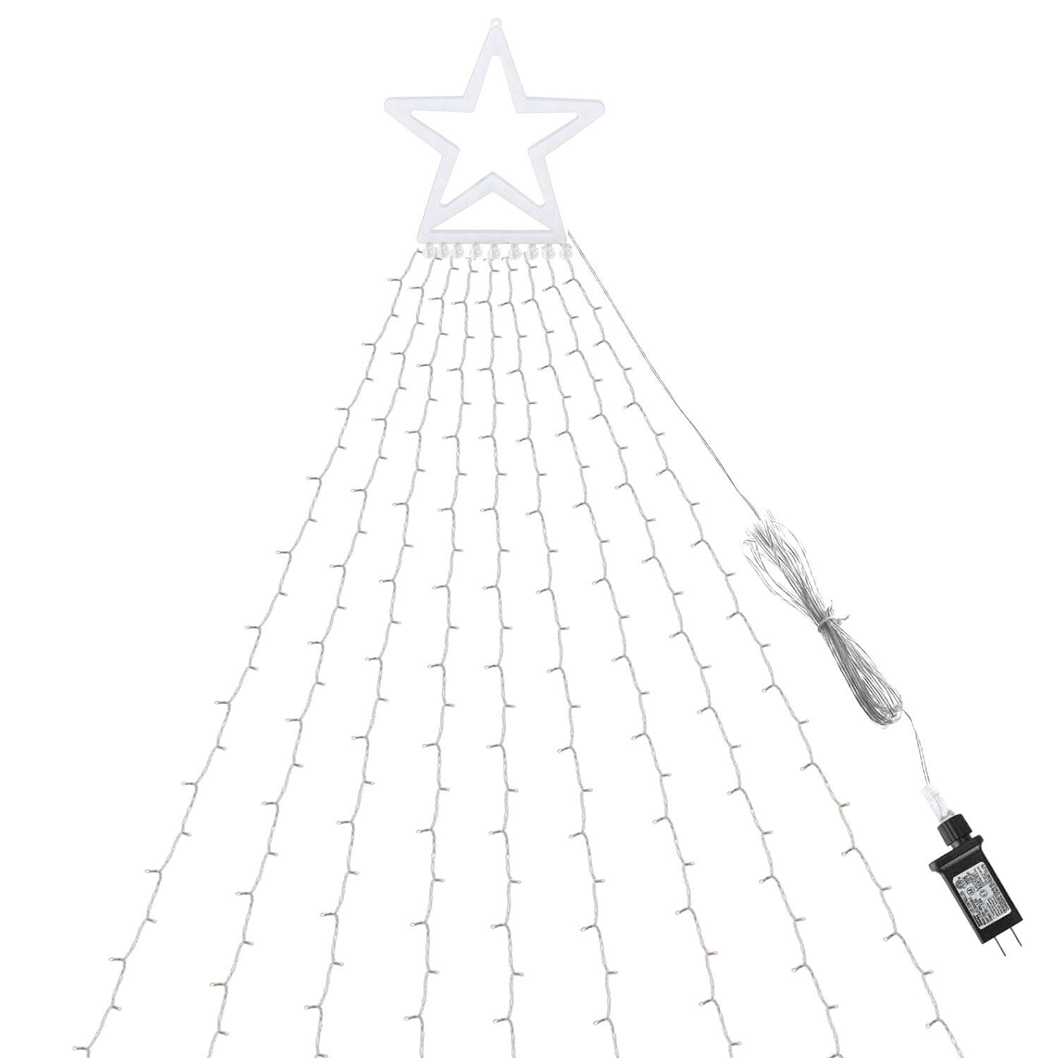 Christmas Hanging Waterfall String Light with Topper Star IP65 Waterproof Outdoor Plug In Fairy Waterfall Tree Light with 8 Lighting Modes Timer Memory Function