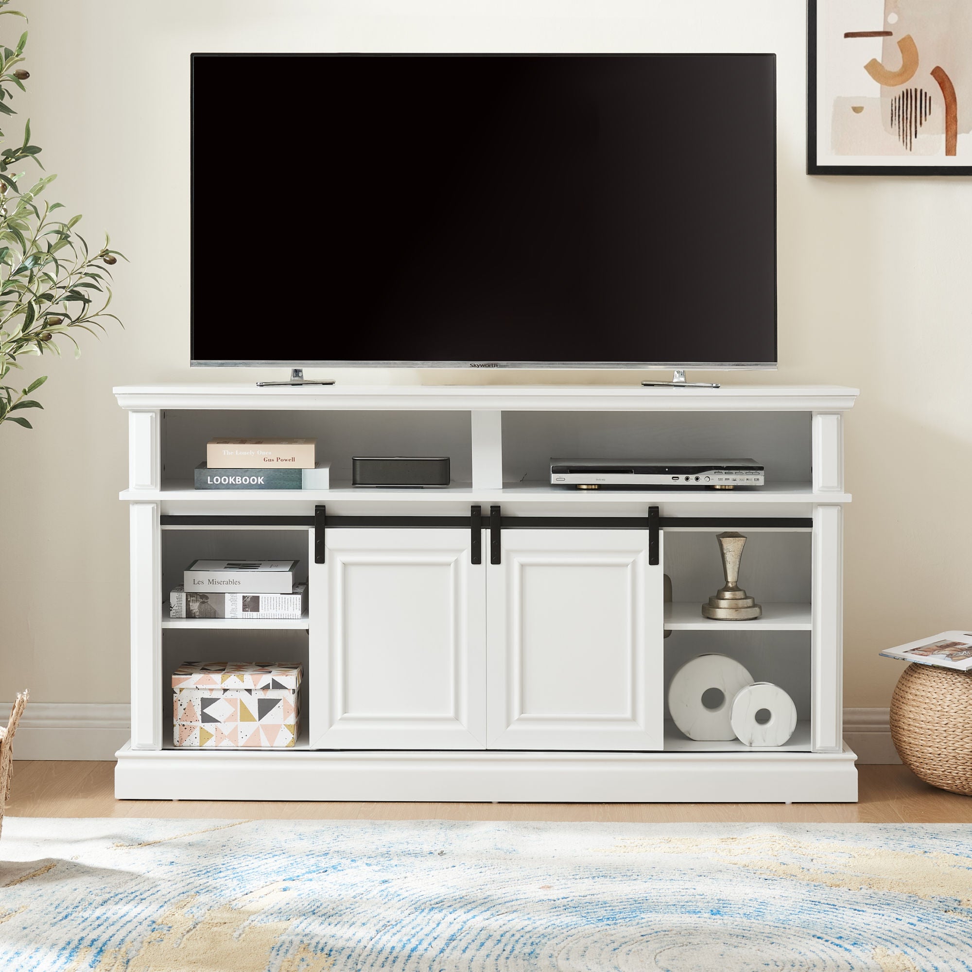 Media Console Table with Storage Cabinet, Mid Century style Entertainment TV Table, Multipurpose Sliding Door TV Cabinet Large Storage Space, 58.11"W*15.79"D*32.36"H Antique White - Mountain Lakes Mall