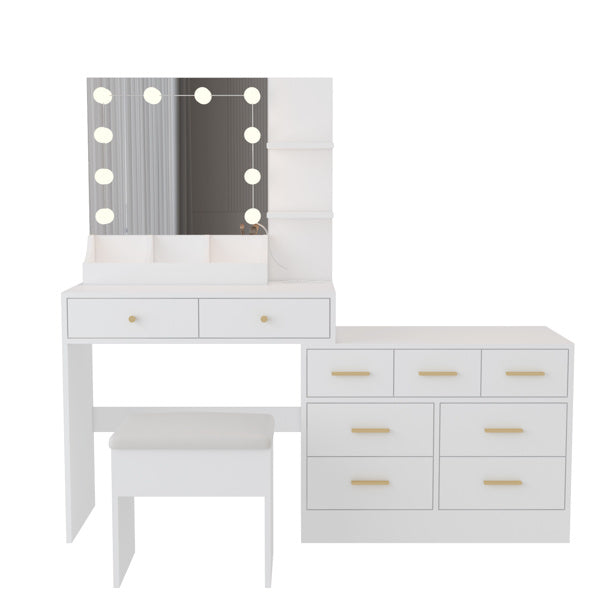 Large Makeup Vanity with Lights, Vanity Table with Charging Station, Vanity Desk with Mirror and 10 LED Light Bulbs, Makeup Table with Tabletop Compartments, Drawers and Storage Shelves, White