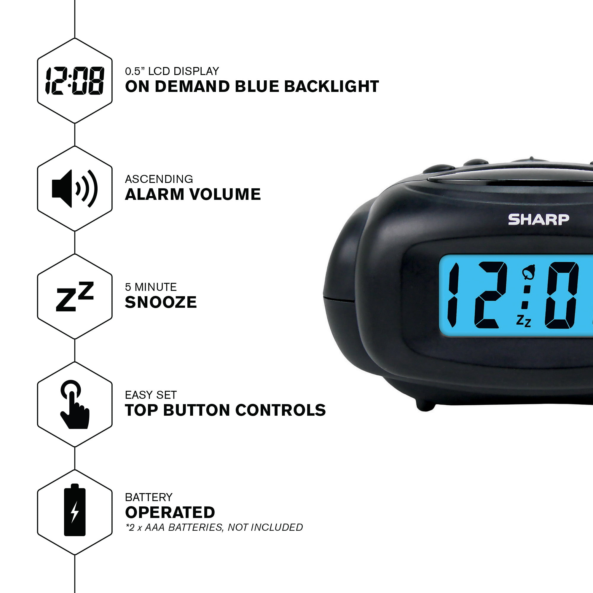 SHARP Digital Alarm Clock, Black, LCD Display, Battery Operated, Small, Travel Clock - Mountain Lakes Mall