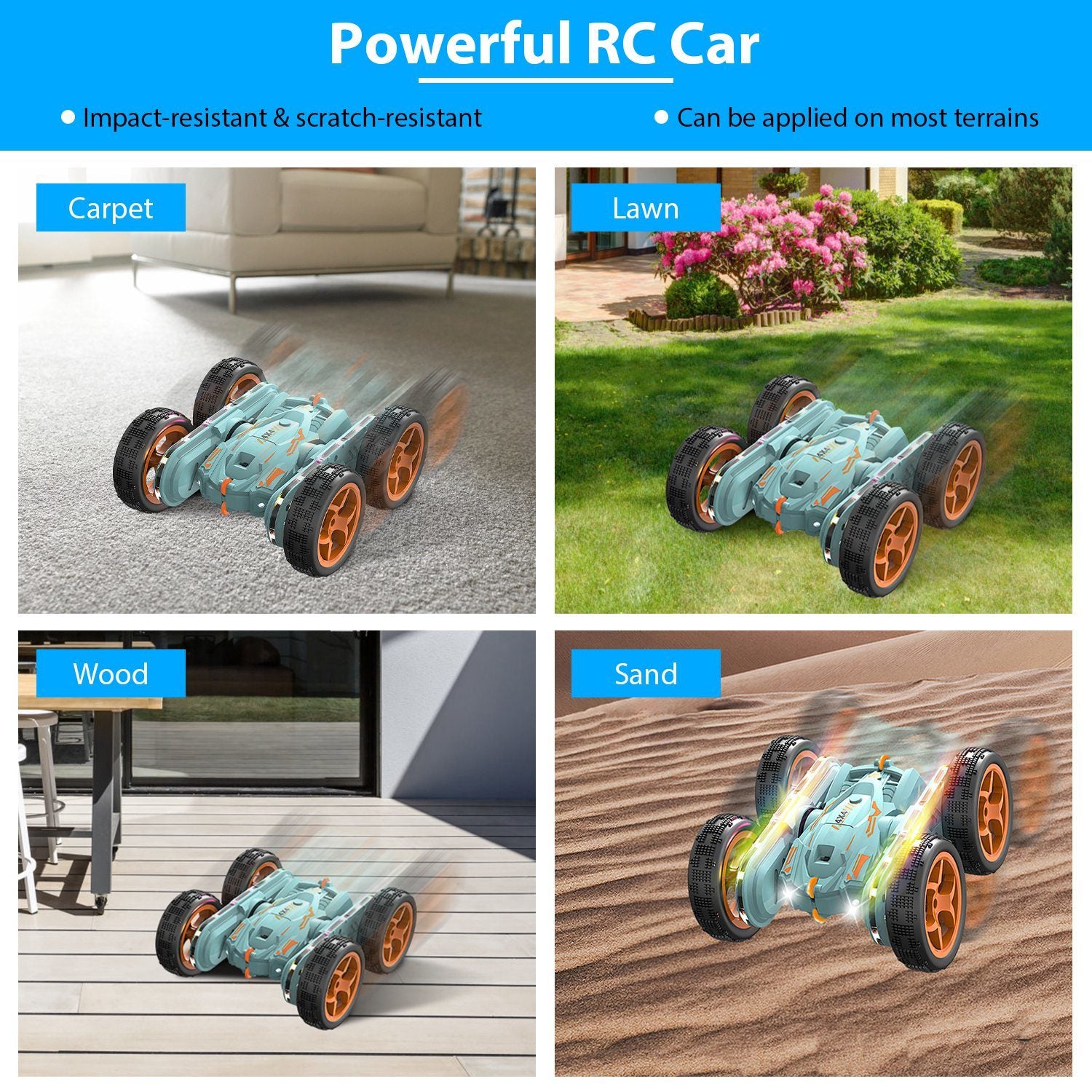 Kid Driving RC Stunt Car 7 Color Strip Light Dynamic Music Swing Arm Double-sided Rolling Remote Control Car Off Road - Mountain Lakes Mall