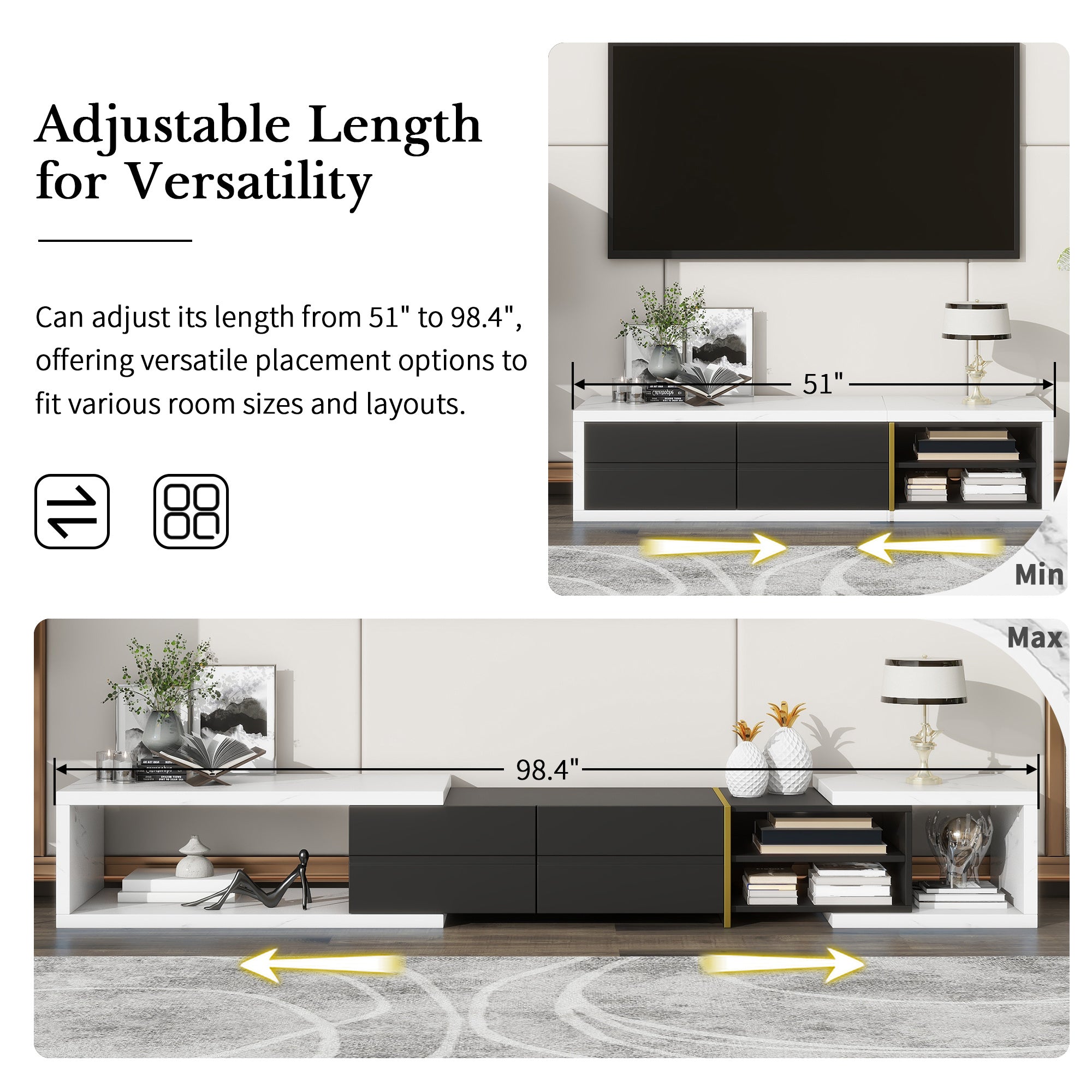 U-Can 51''-98.4'' Modern Extendable TV Stand for TVs up to 90 Inches, Entertainment Center Media Console Corner Console with 2 Drawers and 4 Shelves for Living room, White & Black - Mountain Lakes Mall