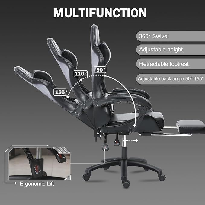 Ergonomic Gaming Chair for Adults, Comfortable Computer Chair for Heavy People, Adjustable Height Office Desk Chair with Wheels, Breathable Leather Video Game Chairs - Mountain Lakes Mall