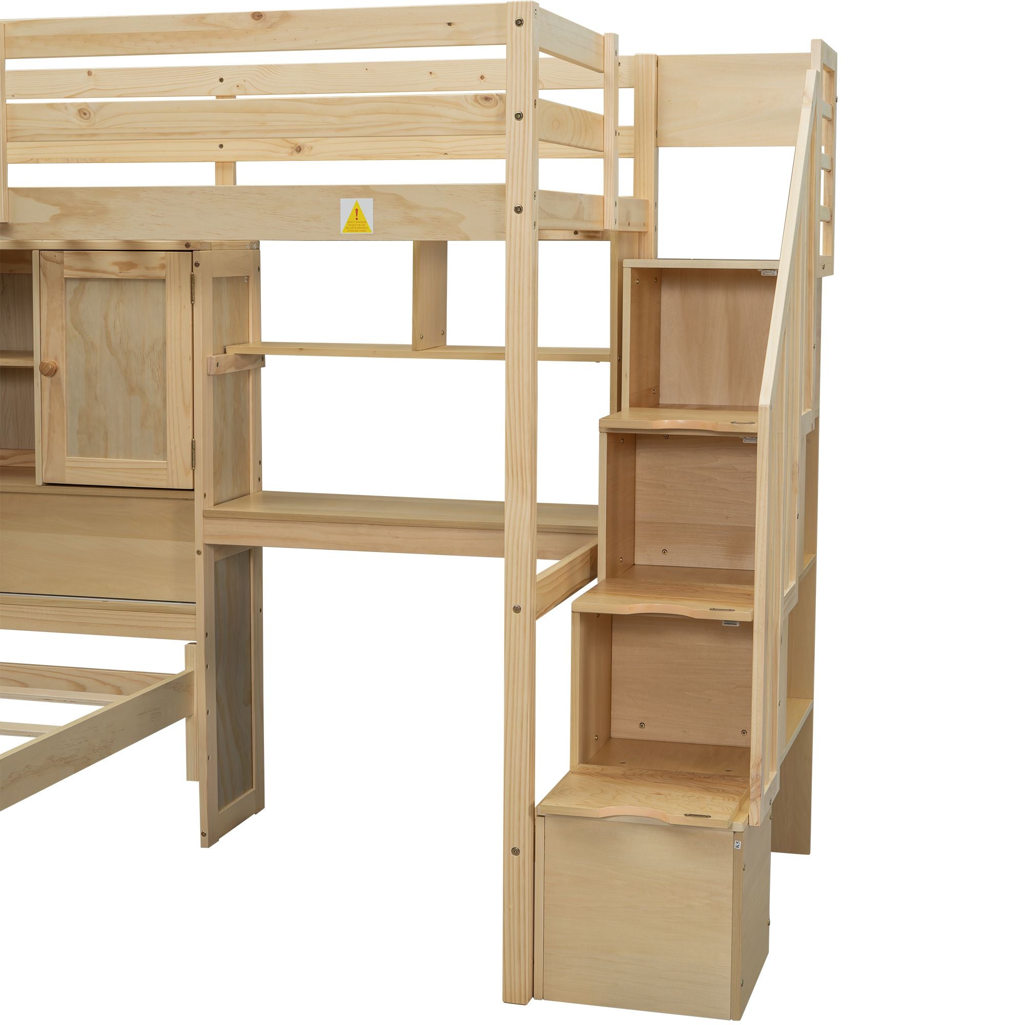 Twin over Twin Loft Bed with Built-in Desk and Staircase, With Storage Compartments and Shelves, Natural