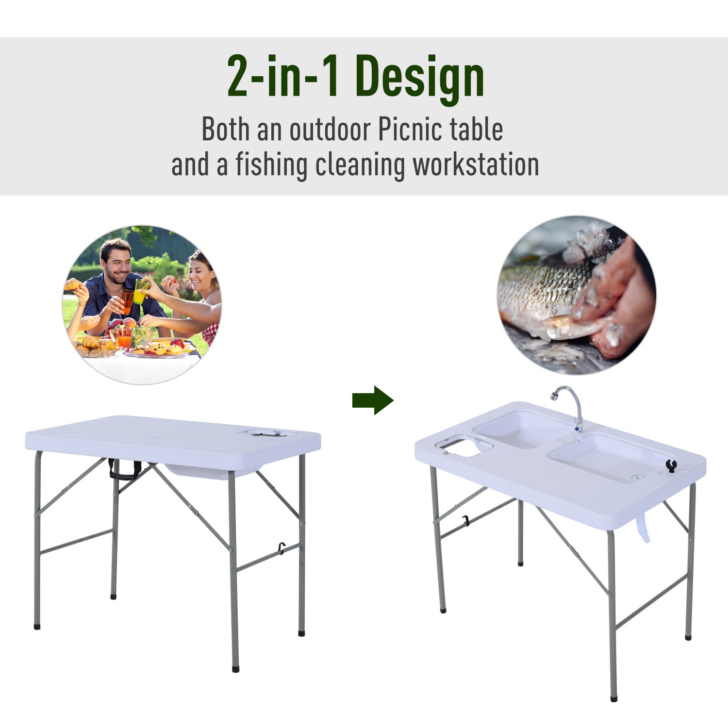 Outsunny Folding Camping Table with Faucet and Dual Water Basins, Outdoor Fish Table Sink Station, for Picnic, Fishing, 40'' - Mountain Lakes Mall