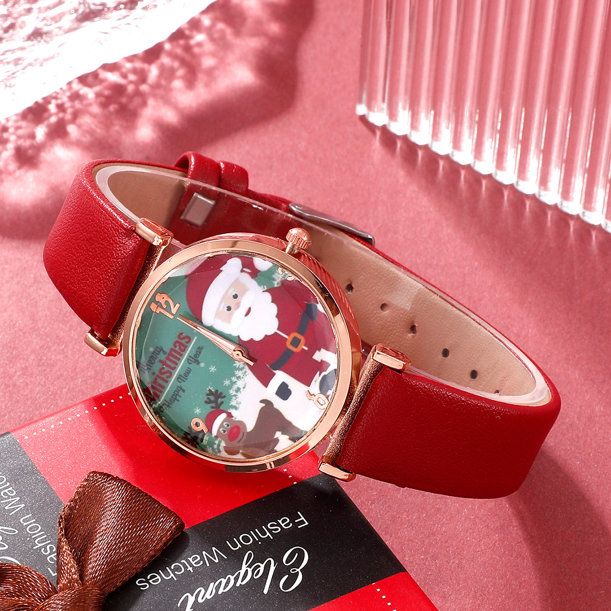 2pcs Christmas Santa Dial Women's Fashion Watch Bracelet Watches Set Ladies Leather Band Quartz Wristwatch(No Box) - Mountain Lakes Mall