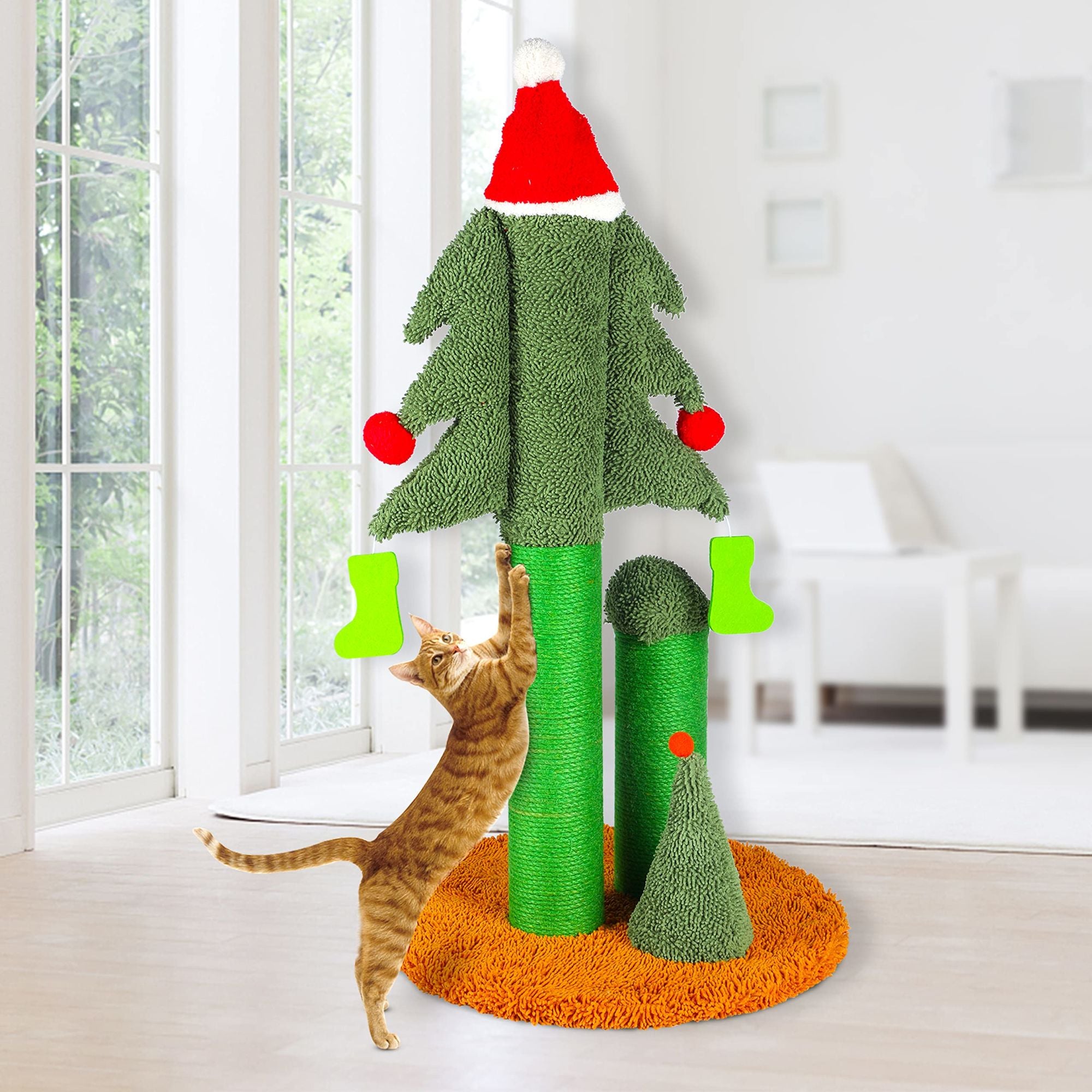 32'' Cat Scratching Post, Tall Christmas Tree Cat Scratcher with 3 Posts and Cute Dangling Teaser Balls, Natural Sisal Rope Cat Toys for Kitty and Adult Cats - Mountain Lakes Mall