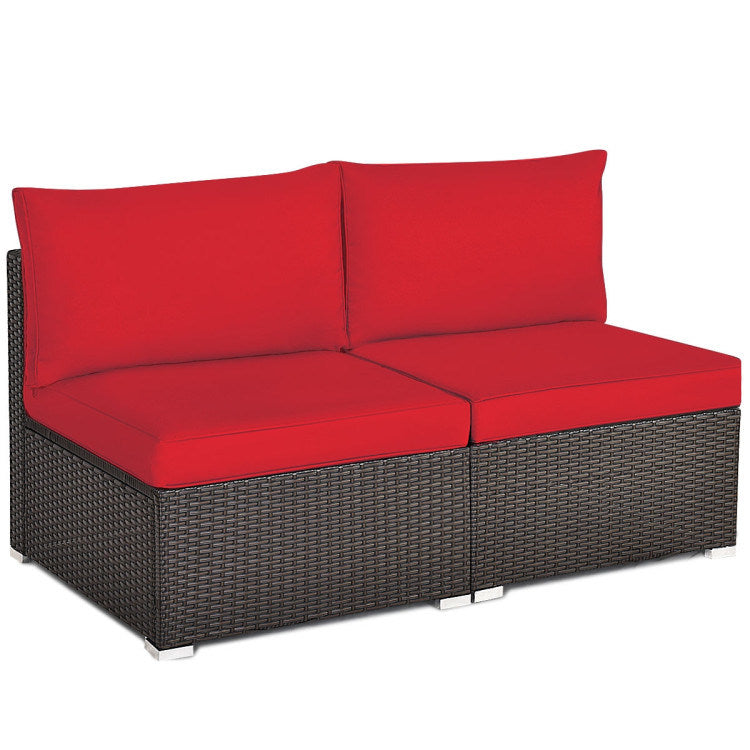 2 Pieces Patio Rattan Armless Sofa Set with 2 Cushions and 2 Pillows - Mountain Lakes Mall