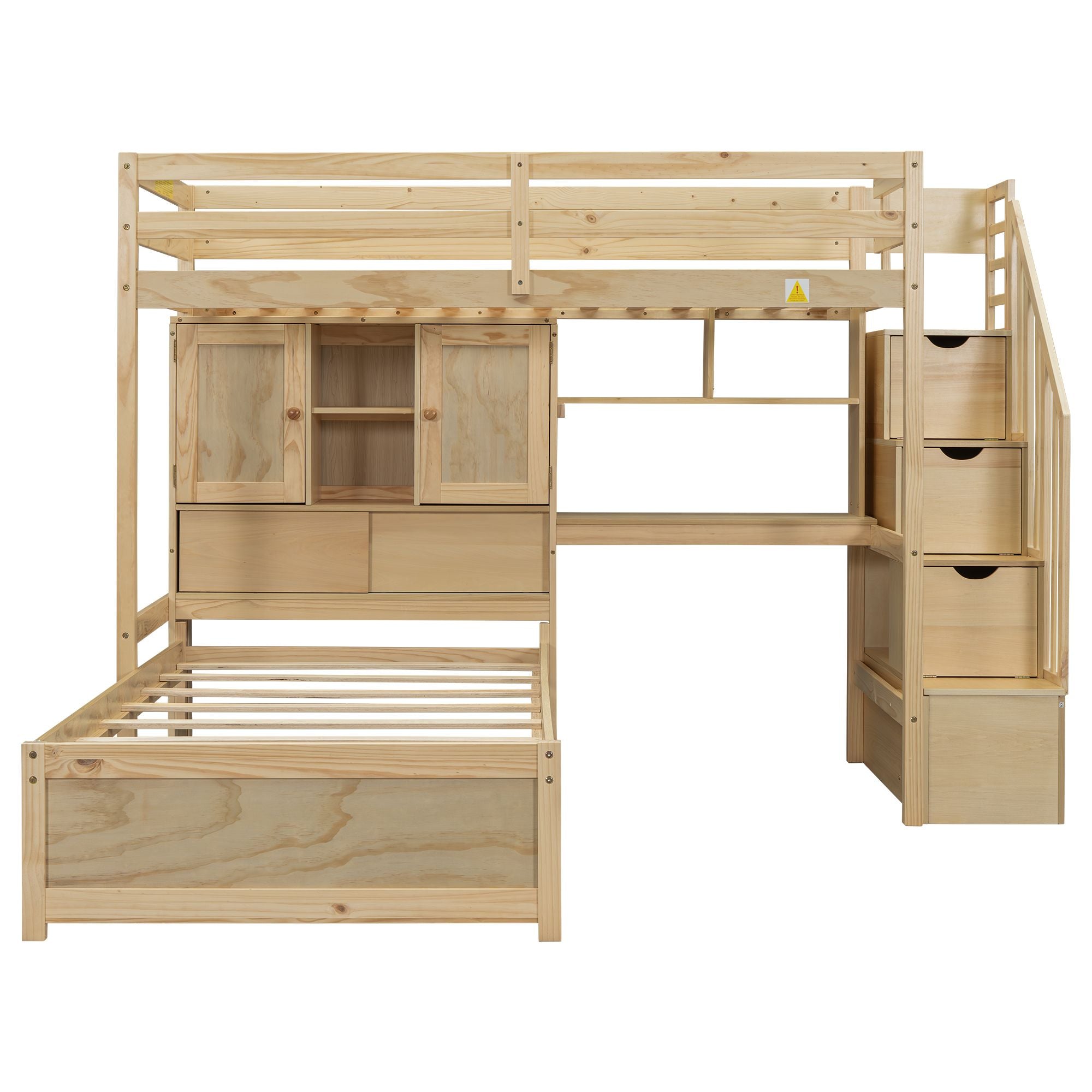 Twin over Twin Loft Bed with Built-in Desk and Staircase, With Storage Compartments and Shelves, Natural