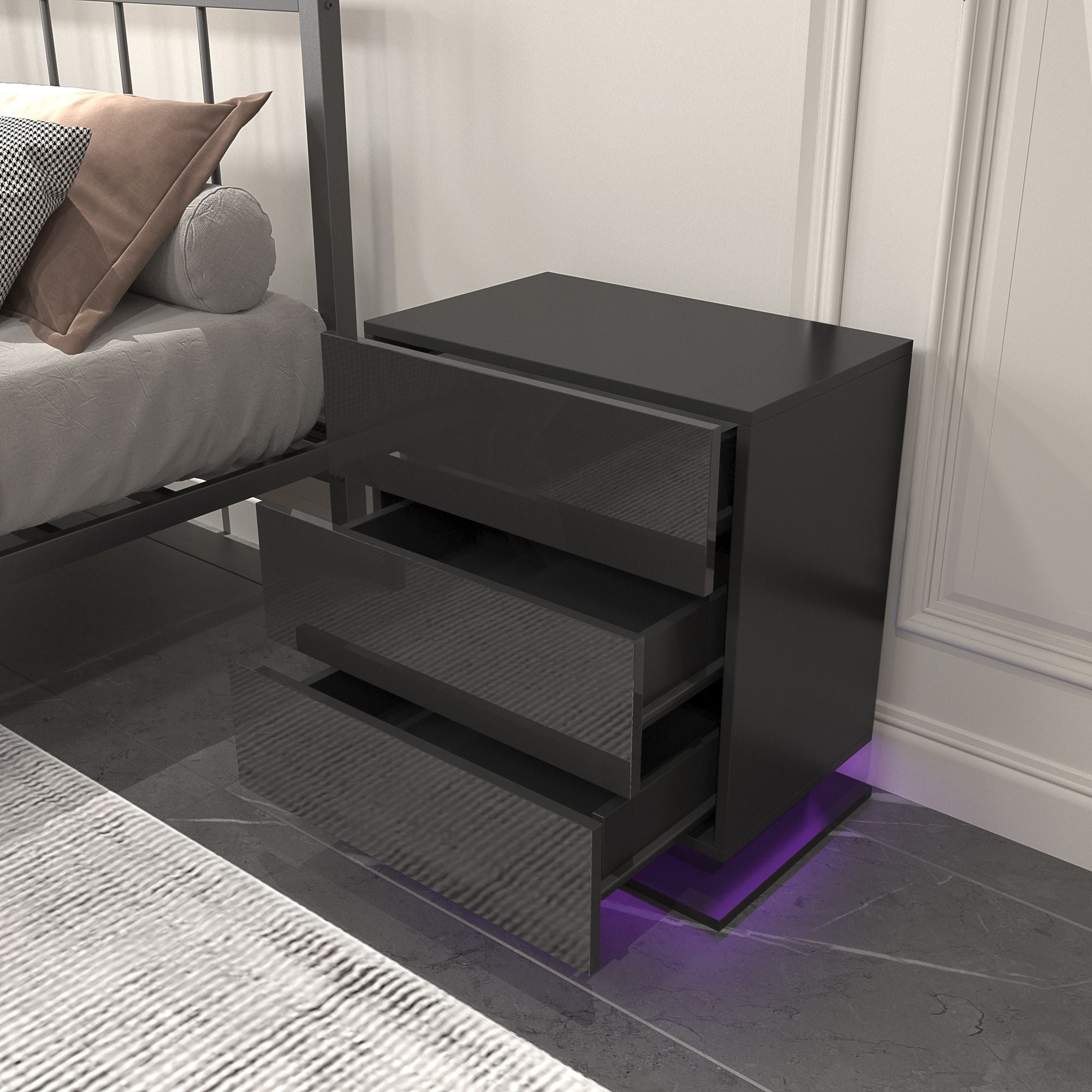 Nightstand with 3 Storage Drawers,Led Lights, End Table for Bedroom Furniture