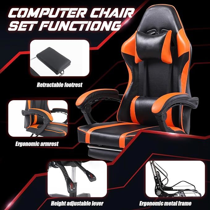 Video Game Chairs for Adults, PU Leather Gaming Chair with Footrest, 360°Swivel Adjustable Lumbar Pillow Gamer Chair, Comfortable Computer Chair for Heavy People - Mountain Lakes Mall