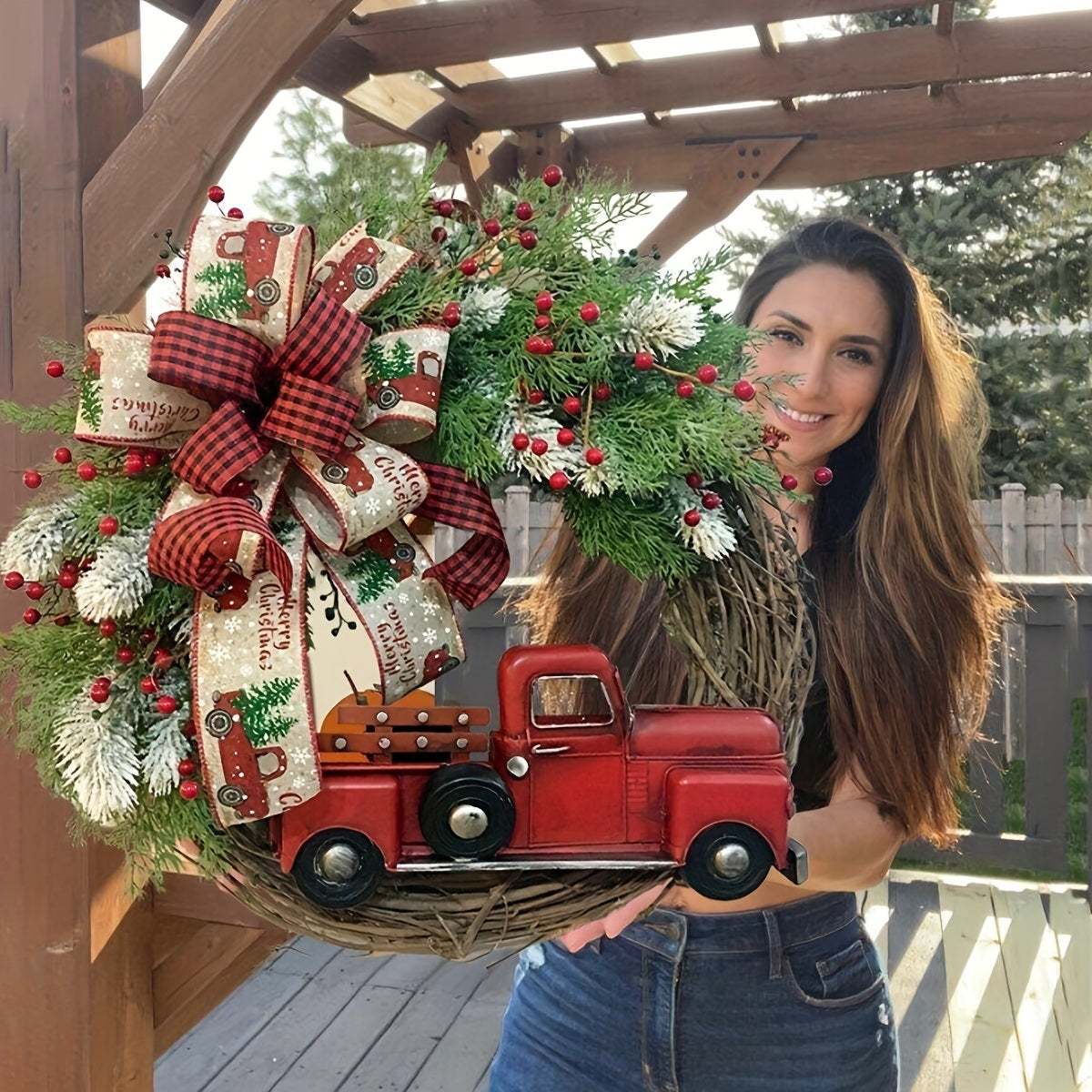 1pc, Christmas Wreath Red Truck Decoration, Large Door Front Wreath, Door Hanging, Christmas Decorations, Home Decoration Wreath, Christmas Decor Supplies, Holiday Decor - Mountain Lakes Mall