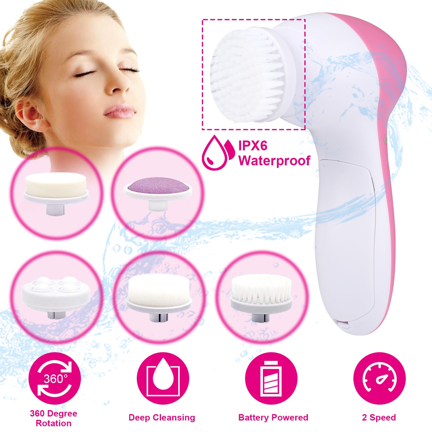 Facial Cleansing Brush Waterproof Face Spin Cleaning Brush with 5 Brush Heads - Mountain Lakes Mall