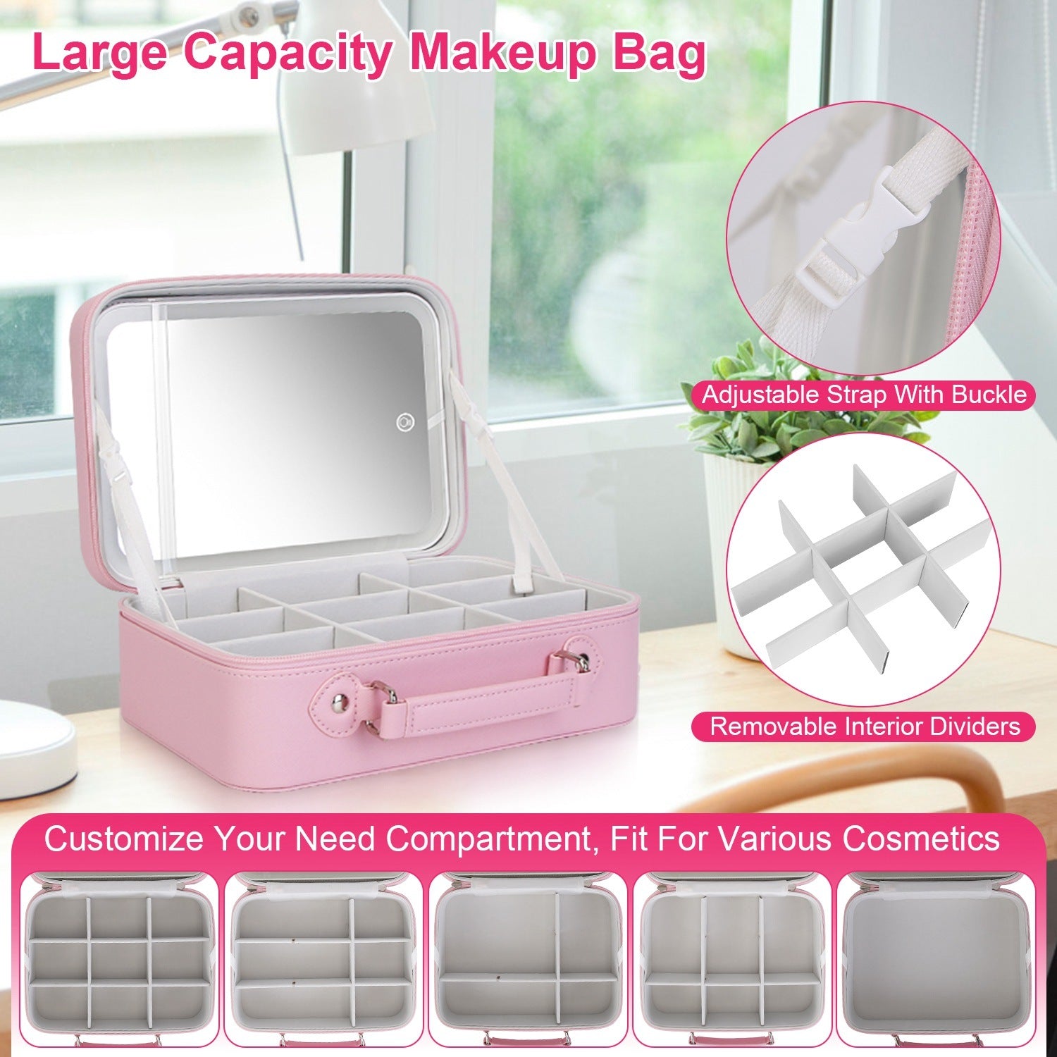 Travel Makeup Bag With 3 Light Colors 10X Mirror Waterproof Cosmetic Organizer Case - Mountain Lakes Mall