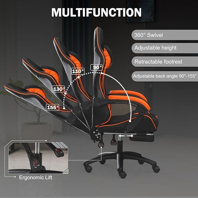 Ergonomic Gaming Chair for Adults, Comfortable Computer Chair for Heavy People, Adjustable Height Office Desk Chair with Wheels, Breathable Leather Video Game Chairs - Mountain Lakes Mall