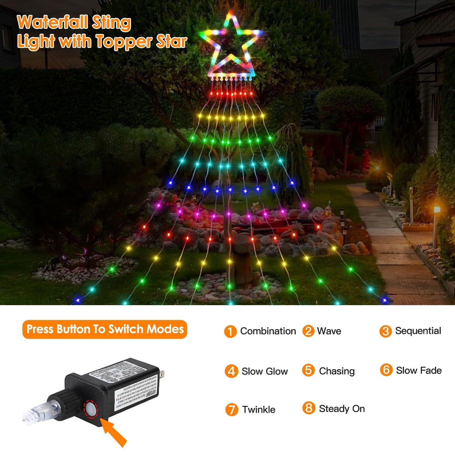 Christmas Hanging Waterfall String Light with Topper Star IP65 Waterproof Outdoor Plug In Fairy Waterfall Tree Light with 8 Lighting Modes Timer Memory Function