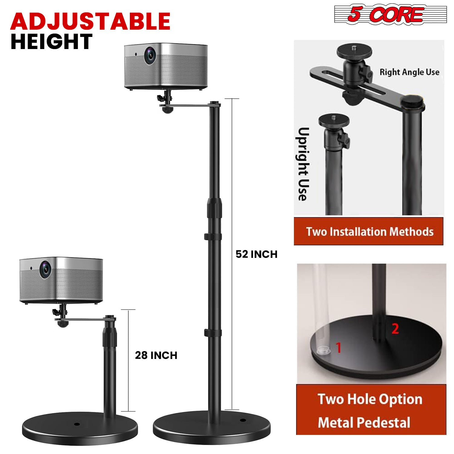 Projector Stand Height adjustable 28"-52" Tall Floor Stands w 3 Mounting Options 360° Rotatable Ball Head Heavy Duty Multipurpose Soporte Para Proyector for Home Office 5 Core PS FLR RB BLK - Mountain Lakes Mall