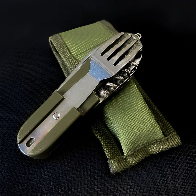 7 In 1 Multifunctional Outdoor Tableware Stainless Steel Foldable Fork Spoon Knife Picnic Camping Hiking Travelling Dinnerware - Mountain Lakes Mall