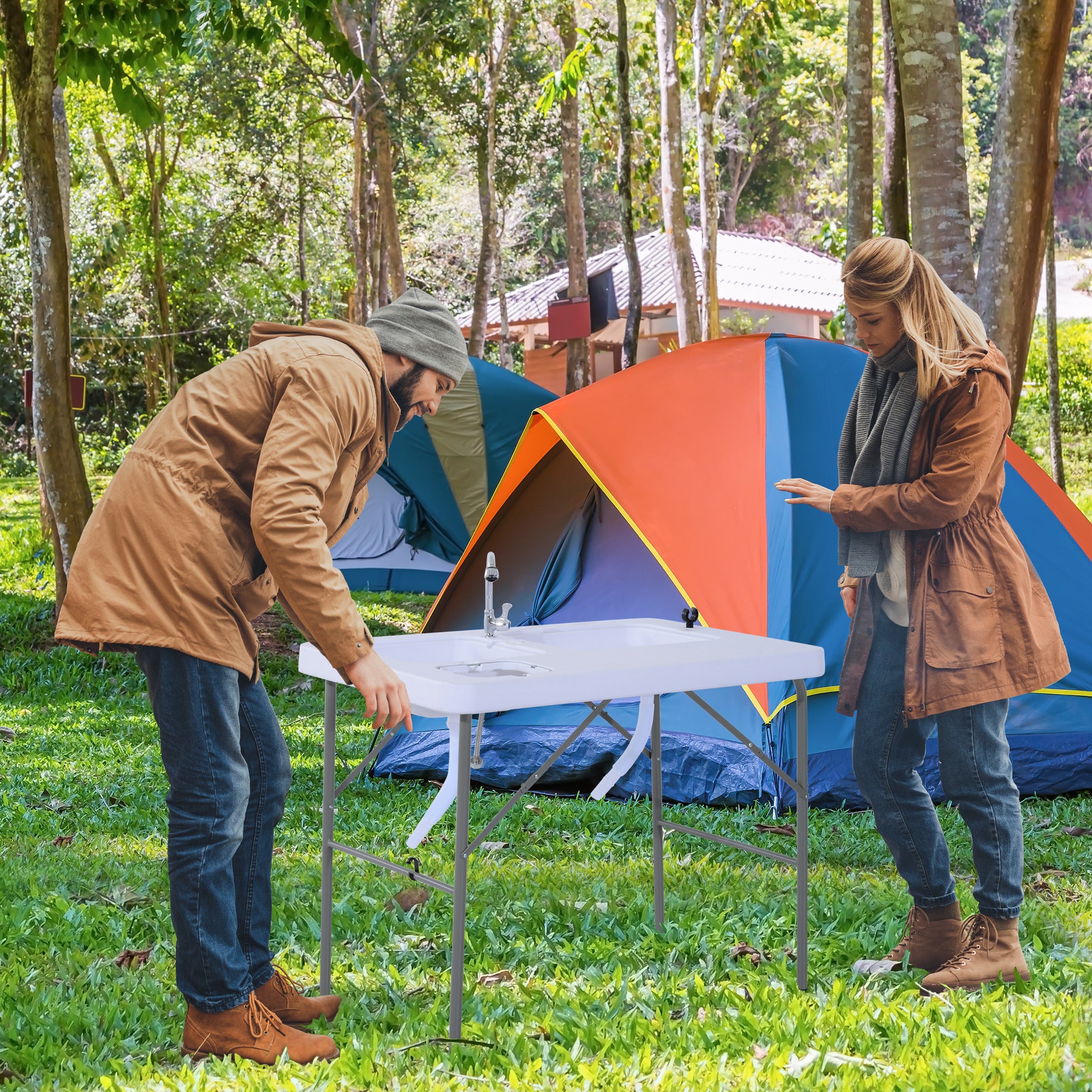 Outsunny Folding Camping Table with Faucet and Dual Water Basins, Outdoor Fish Table Sink Station, for Picnic, Fishing, 40'' - Mountain Lakes Mall