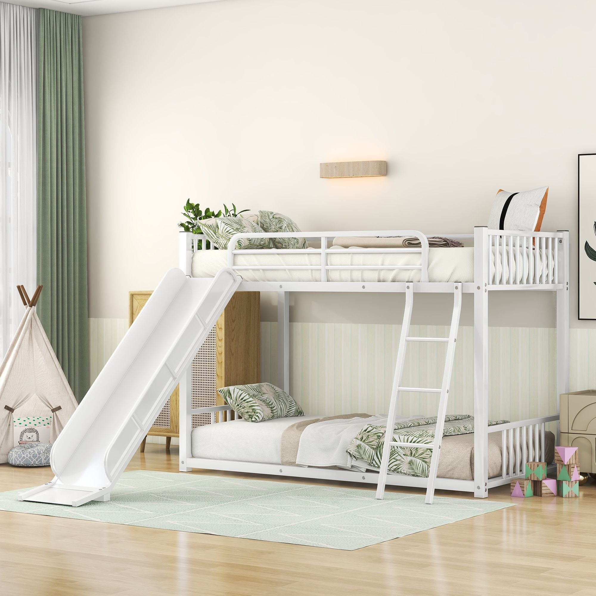 Metal Bunk Bed with Slide, Twin over Twin