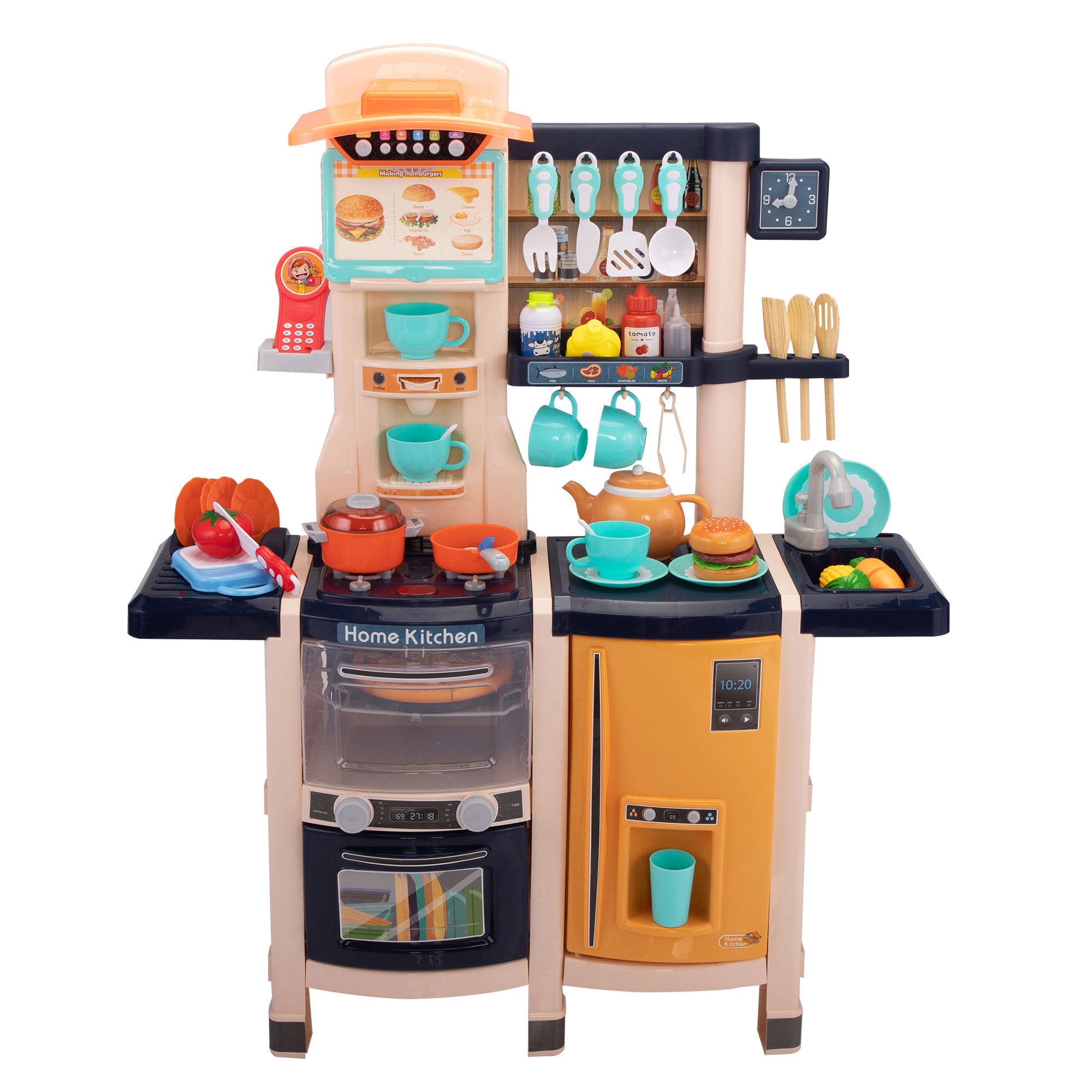 Large Pretend Play Kitchen Set Kids Cooking Playset with Realistic Lights;  Vivid Sounds;  Play Phone;  Clock and 65 Pcs Accessories;  3 +;  Blue XH - Mountain Lakes Mall