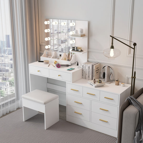 Large Makeup Vanity with Lights, Vanity Table with Charging Station, Vanity Desk with Mirror and 10 LED Light Bulbs, Makeup Table with Tabletop Compartments, Drawers and Storage Shelves, White